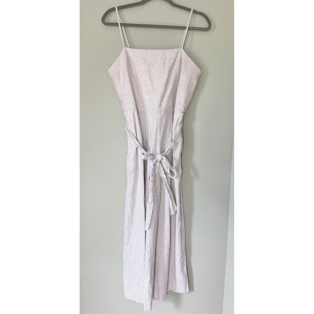 Banana Republic Cotton/Linen Wide Leg Cropped Jumpsuit White Navy Stripe Size 10 - Picture 2 of 9